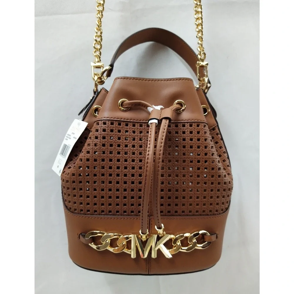 Michael Kors Devon Brown Leather Drawstring Bucket Shoulder Bag - NWT $498